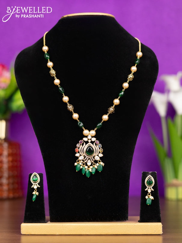 Beaded necklace with emerald & kundan cz stones and pearl & green beads hangings