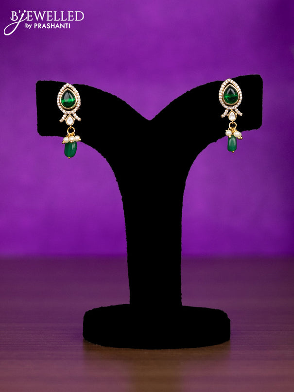 Beaded necklace with emerald & kundan cz stones and pearl & green beads hangings