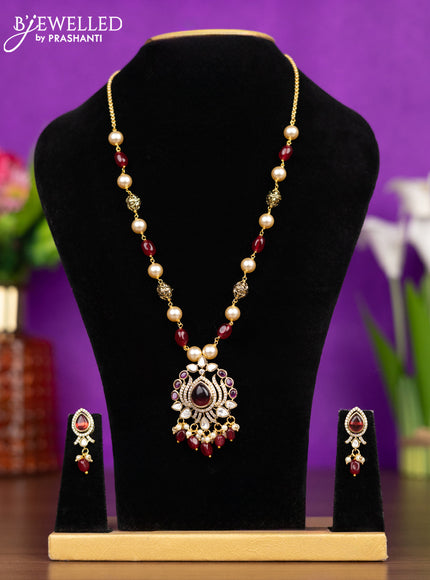 Beaded necklace elephant design with maroon & kundan cz stones and pearl & beads hangings