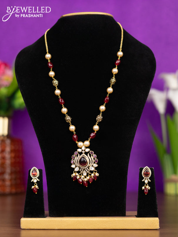 Beaded necklace elephant design with maroon & kundan cz stones and pearl & beads hangings