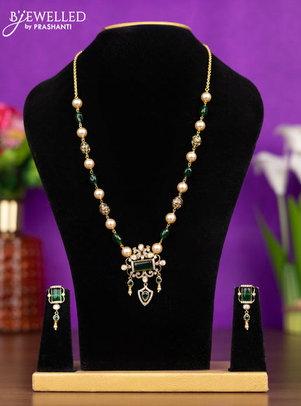 Beaded necklace with emerald & kundan cz stones and hangings