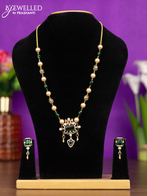 Beaded necklace with emerald & kundan cz stones and hangings