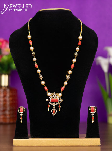 Beaded pavalam necklace with kundan & cz stones and hangings