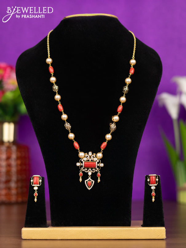 Beaded pavalam necklace with kundan & cz stones and hangings