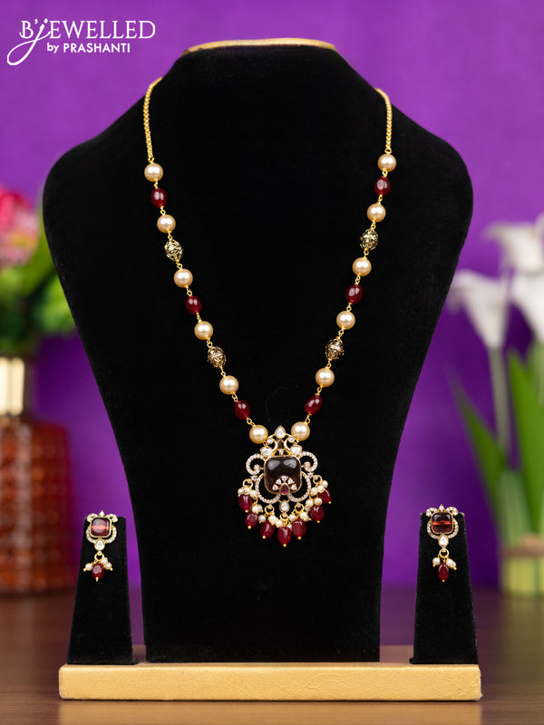 Beaded necklace peacock design with maroon & kundan cz stones and pearl & maroon beads hangings