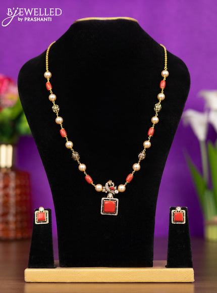 Beaded pavalam necklace peacock design with kundan and cz stones