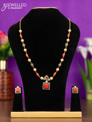 Beaded pavalam necklace peacock design with kundan and cz stones