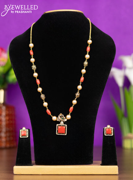 Beaded pavalam necklace peacock design with emerald & kundan and cz stones