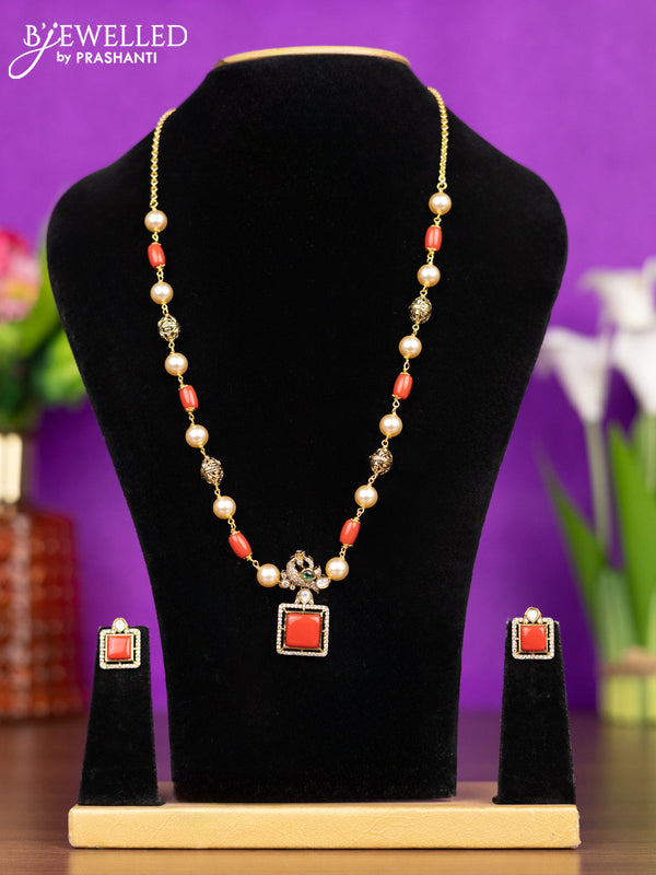 Beaded pavalam necklace peacock design with emerald & kundan and cz stones