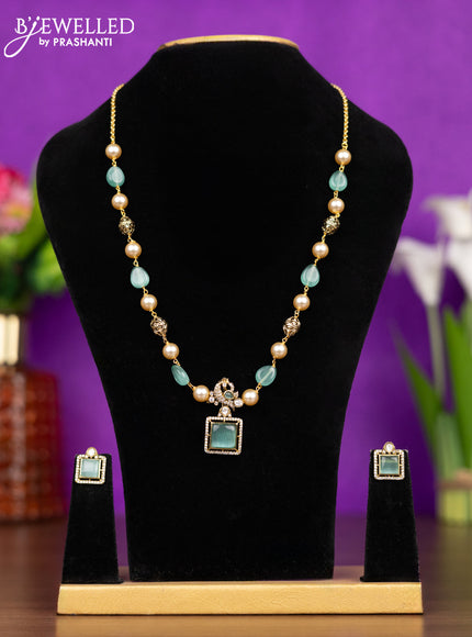 Beaded necklace peacock design with mint green & kundan and cz stones