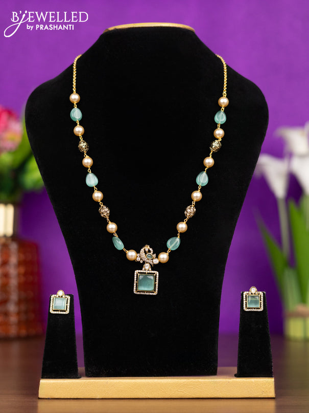 Beaded necklace peacock design with mint green & kundan and cz stones