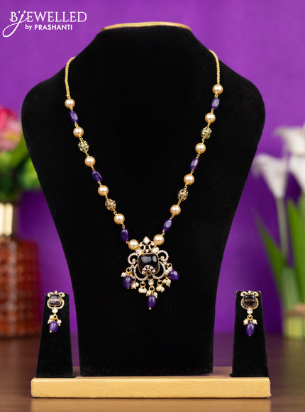 Beaded blue necklace peacock design with purple & kundan cz stones and pearl & beads hangings