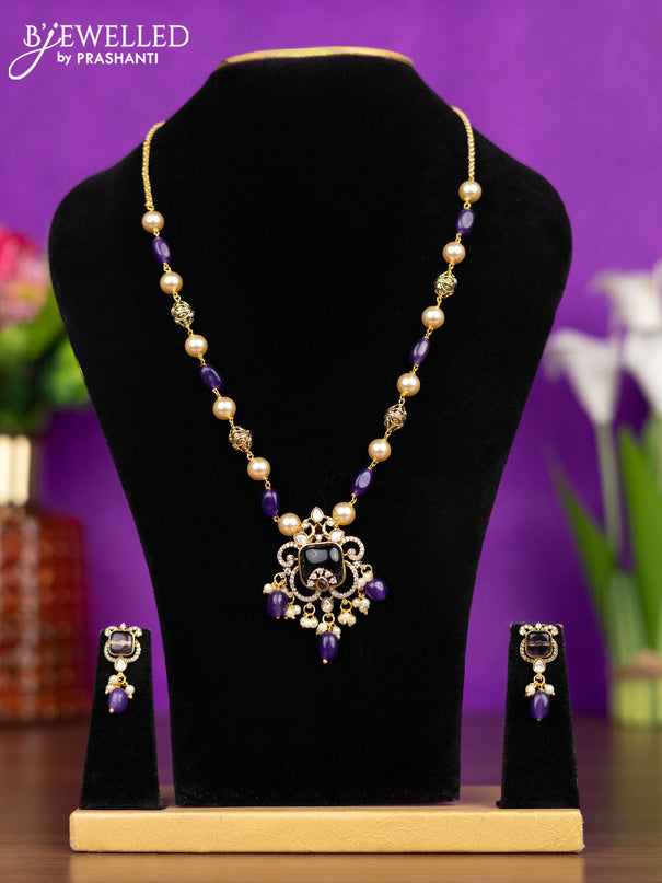 Beaded blue necklace peacock design with purple & kundan cz stones and pearl & beads hangings