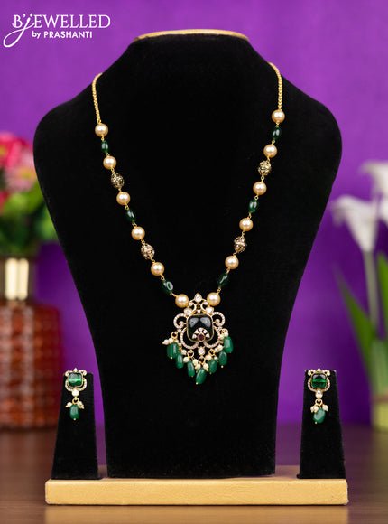 Beaded green necklace peacock design with ruby & kundan cz stones and pearl & beads hangings