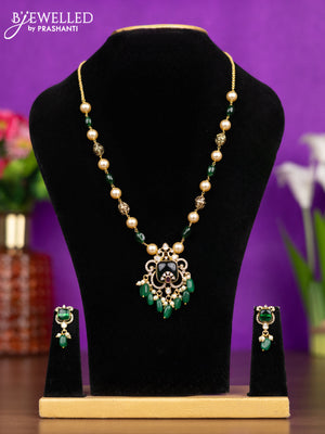 Beaded green necklace peacock design with ruby & kundan cz stones and pearl & beads hangings
