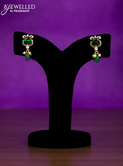Beaded green necklace peacock design with ruby & kundan cz stones and pearl & beads hangings