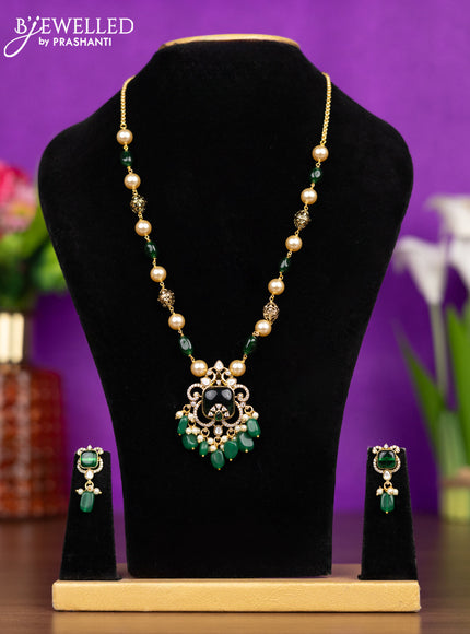 Beaded green necklace peacock design with emerald & kundan cz stones and pearl & beads hangings