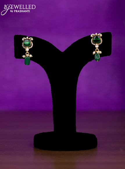 Beaded green necklace peacock design with emerald & kundan cz stones and pearl & beads hangings