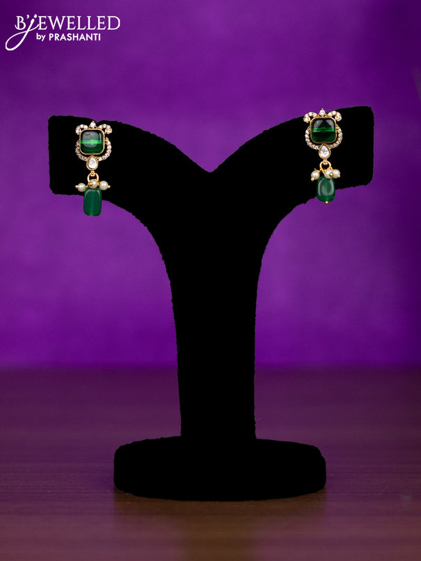 Beaded green necklace peacock design with emerald & kundan cz stones and pearl & beads hangings
