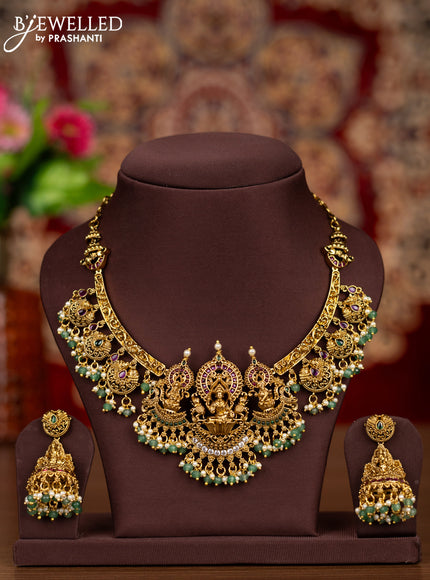 Antique necklace lakshmi pendant with kemp & cz stones and pearl & mint green beads hangings