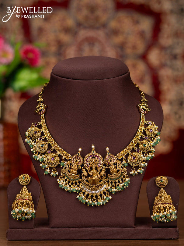 Antique necklace lakshmi pendant with kemp & cz stones and pearl & mint green beads hangings