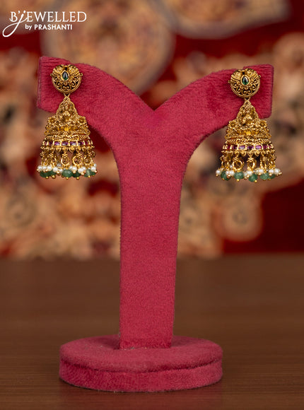 Antique necklace lakshmi pendant with kemp & cz stones and pearl & mint green beads hangings