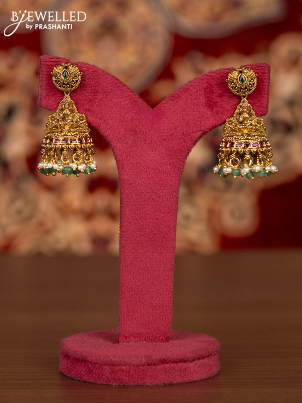 Antique necklace lakshmi pendant with kemp & cz stones and pearl & mint green beads hangings