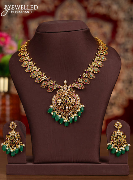 Antique necklace manga pattern with kemp & cz stones and pearl & green beads hangings