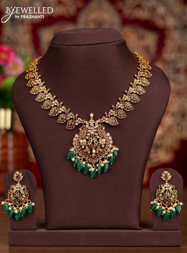Antique necklace manga pattern with kemp & cz stones and pearl & green beads hangings