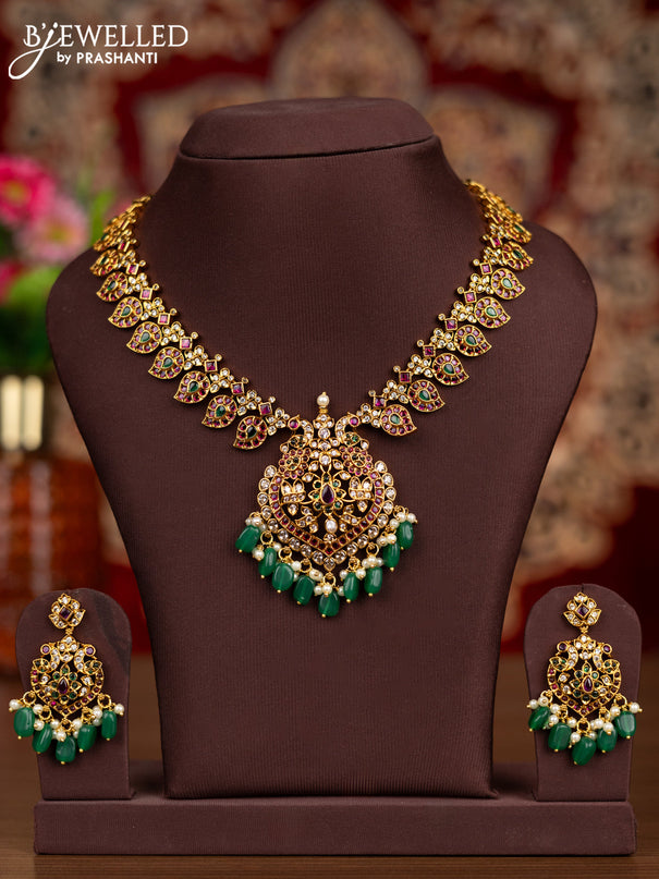 Antique necklace manga pattern with kemp & cz stones and pearl & green beads hangings