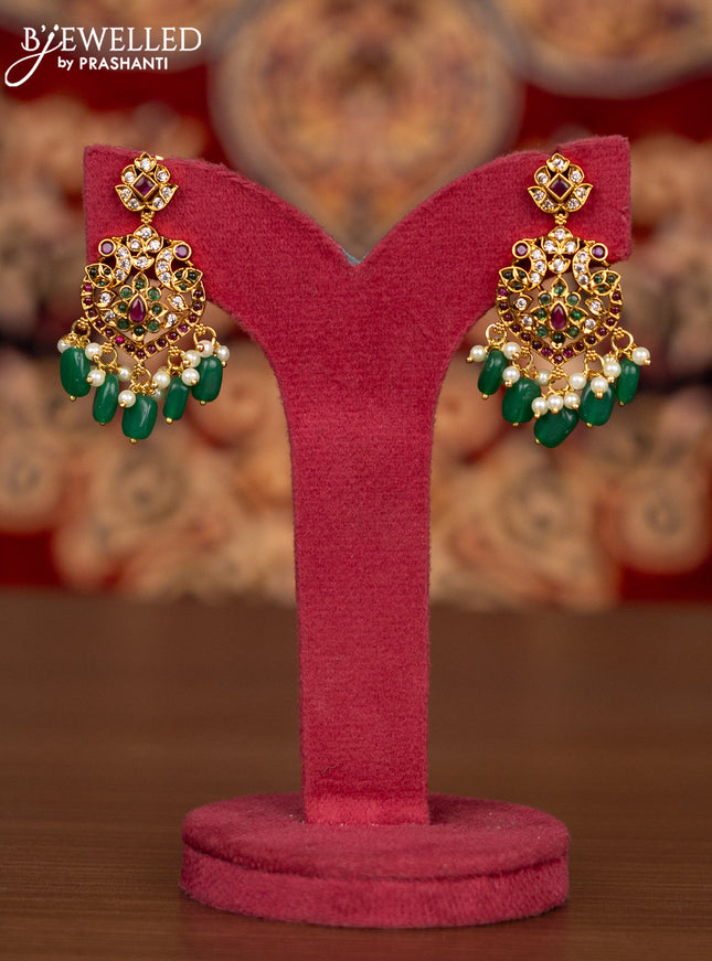 Antique necklace manga pattern with kemp & cz stones and pearl & green beads hangings