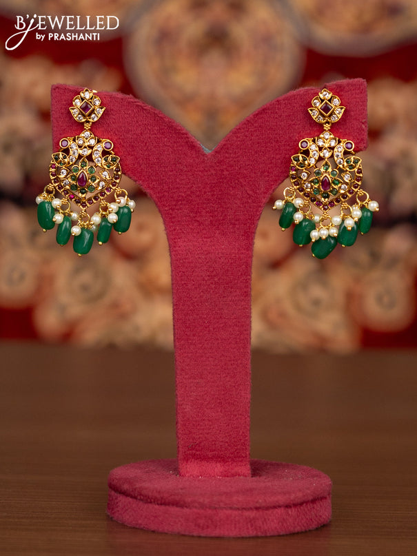 Antique necklace manga pattern with kemp & cz stones and pearl & green beads hangings