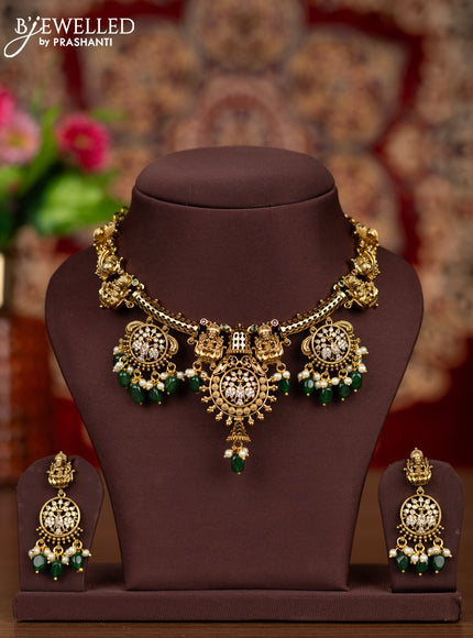 Antique necklace lakshmi design with kemp & cz stones and pearl & green beads hangings