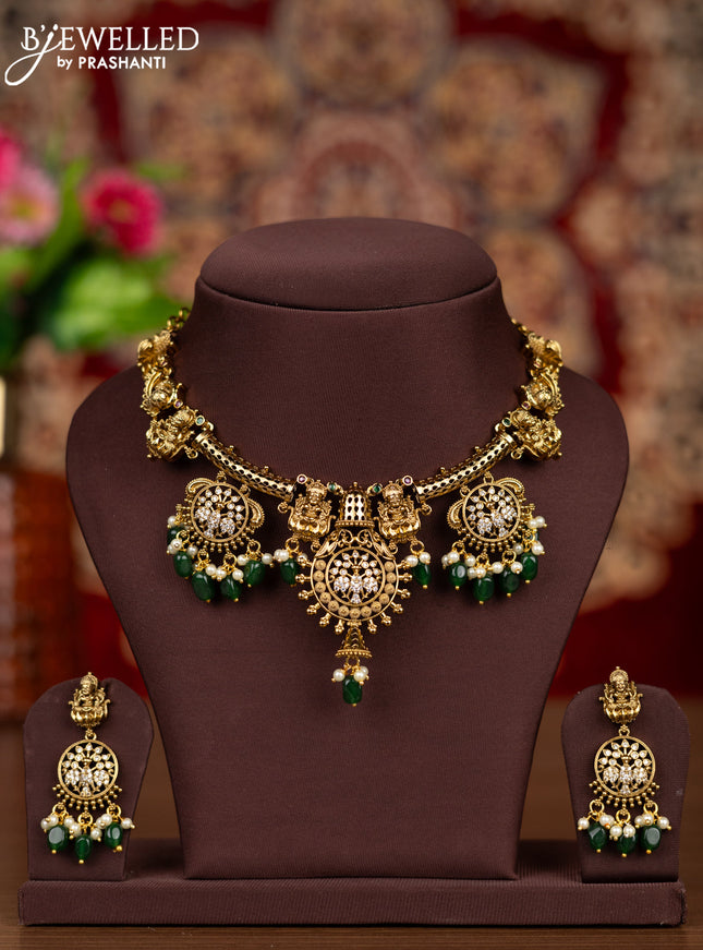 Antique necklace lakshmi design with kemp & cz stones and pearl & green beads hangings