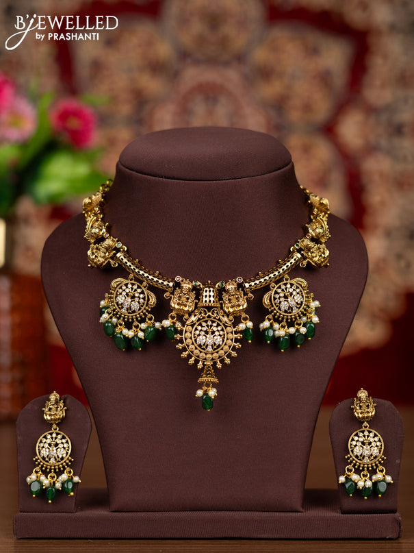 Antique necklace lakshmi design with kemp & cz stones and pearl & green beads hangings