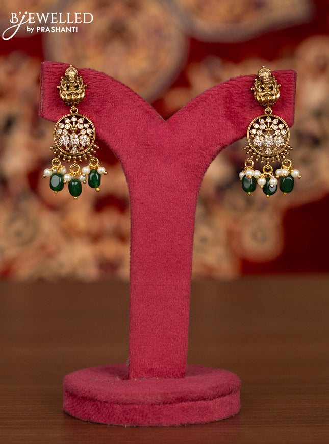 Antique necklace lakshmi design with kemp & cz stones and pearl & green beads hangings