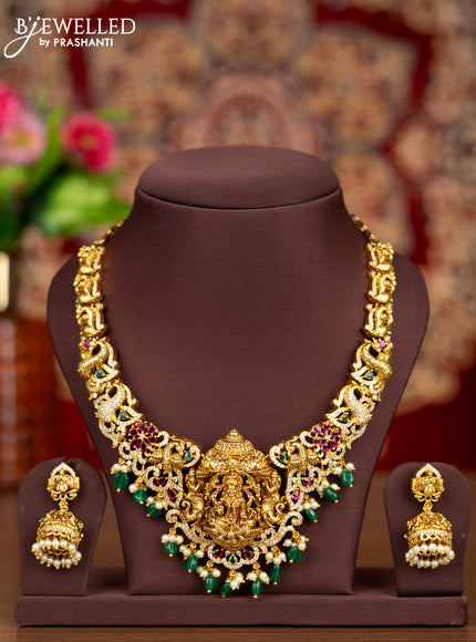 Antique necklace lakshmi pendant with kemp & cz stones and pearl & green beads hangings