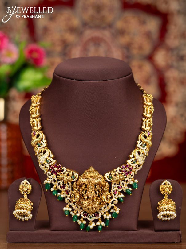 Antique necklace lakshmi pendant with kemp & cz stones and pearl & green beads hangings