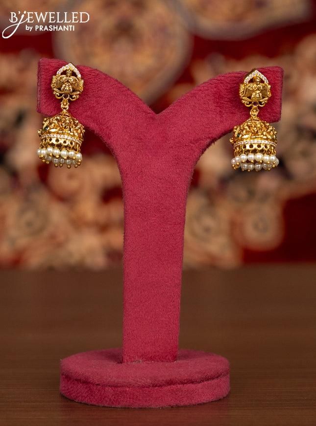 Antique necklace lakshmi pendant with kemp & cz stones and pearl & green beads hangings