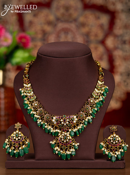 Antique necklace with kemp & cz stones and pearl & green beads hangings