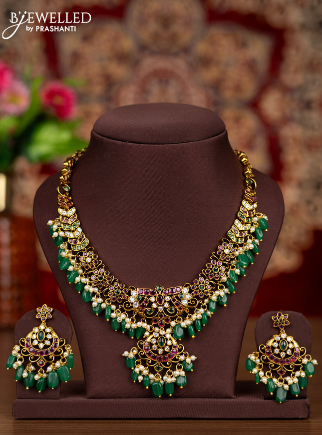 Antique necklace with kemp & cz stones and pearl & green beads hangings