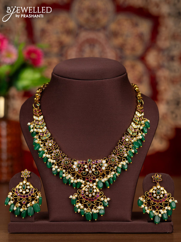 Antique necklace with kemp & cz stones and pearl & green beads hangings