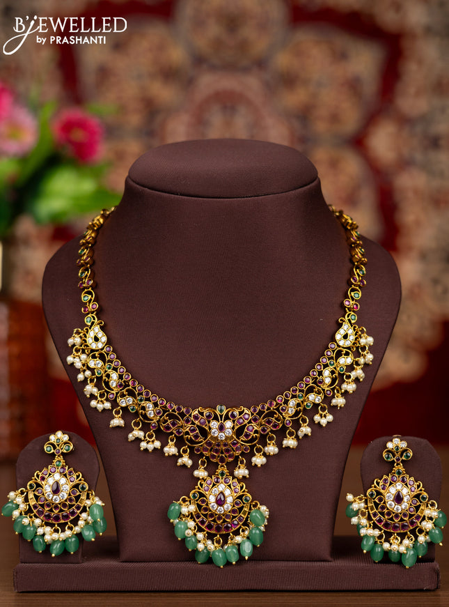 Antique necklace with kemp & cz stones and pearl & mint green beads hangings