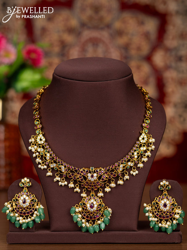 Antique necklace with kemp & cz stones and pearl & mint green beads hangings