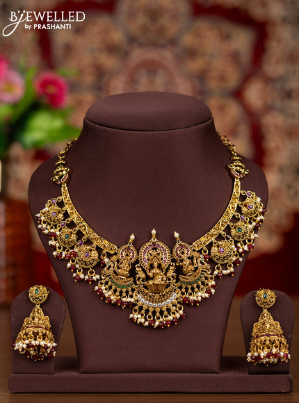 Antique necklace lakshmi pendant with kemp & cz stones and pearl & pink beads hangings