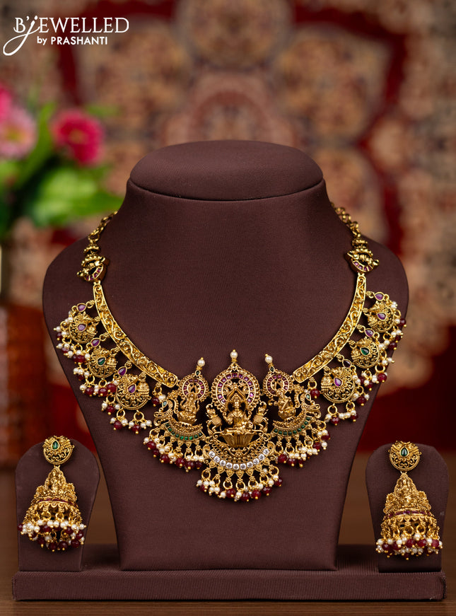 Antique necklace lakshmi pendant with kemp & cz stones and pearl & pink beads hangings