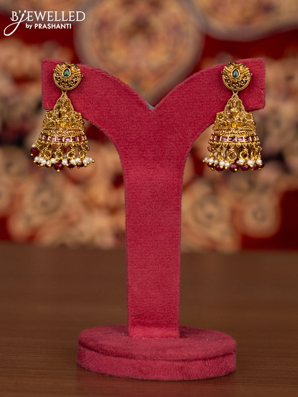 Antique necklace lakshmi pendant with kemp & cz stones and pearl & pink beads hangings