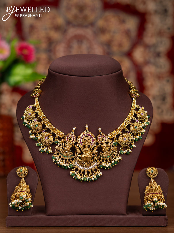 Antique necklace lakshmi pendant with kemp & cz stones and pearl & green beads hangings
