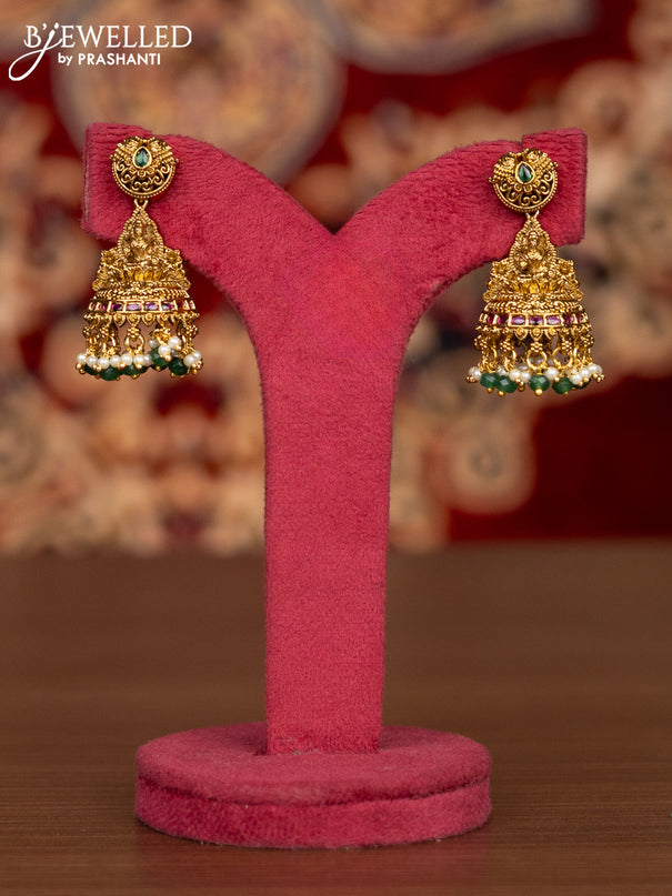 Antique necklace lakshmi pendant with kemp & cz stones and pearl & green beads hangings