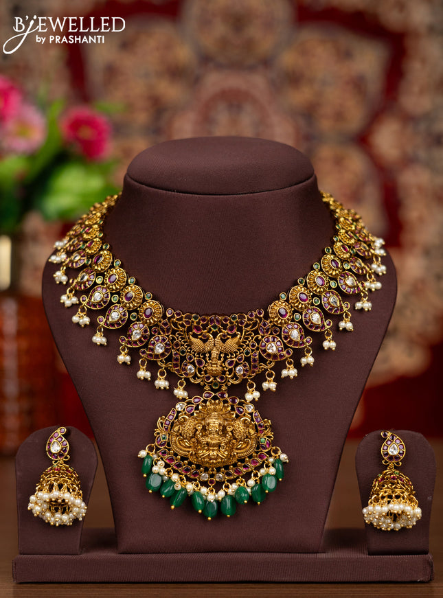 Antique necklace lakshmi & manga design with kemp & kundan stones and pearl & green beads hangings